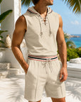 Mivanity Men's Waffle Knit Sleeveless Hooded Top Mid-Length Shorts 2-Piece Summer Sets