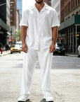 Mivanity Versatile Stripe Textured Shirt Pants Sets