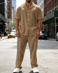 Mivanity Versatile Stripe Textured Shirt Pants Sets
