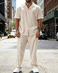 Mivanity Versatile Stripe Textured Shirt Pants Sets