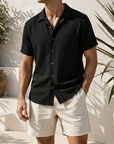 Mivanity Men's Casual Vertical Striped Textured Lapel Solid Color Short-sleeved Shirts