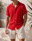 Mivanity Men's Casual Vertical Striped Textured Lapel Solid Color Short-sleeved Shirts