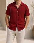 Mivanity Men's Cuban Collar Pocket Solid Color Vertical Striped Pocket Short-sleeved Shirt
