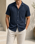 Mivanity Men's Cuban Collar Pocket Solid Color Vertical Striped Pocket Short-sleeved Shirt