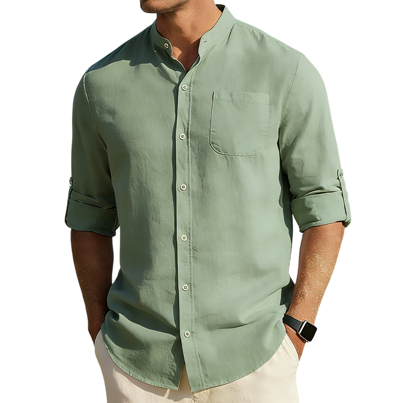 Men’s Cotton Linen Band Collar Shirt