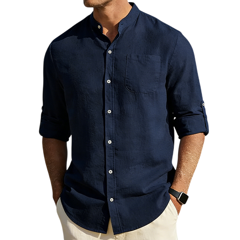 Men’s Cotton Linen Band Collar Shirt