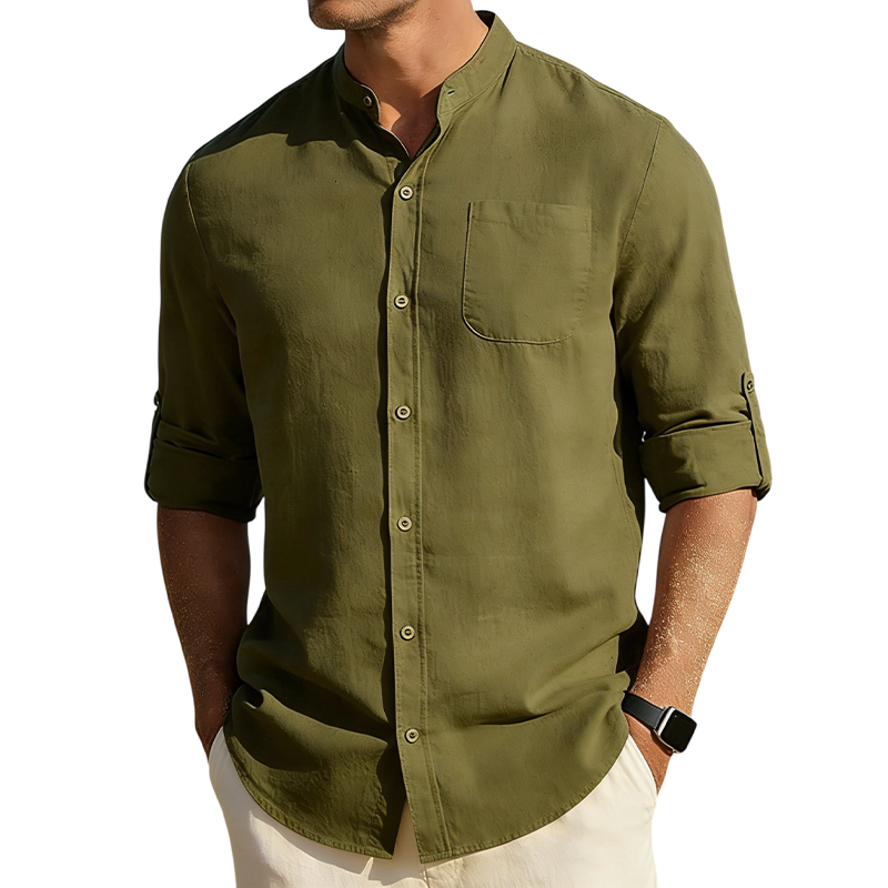 Men’s Cotton Linen Band Collar Shirt
