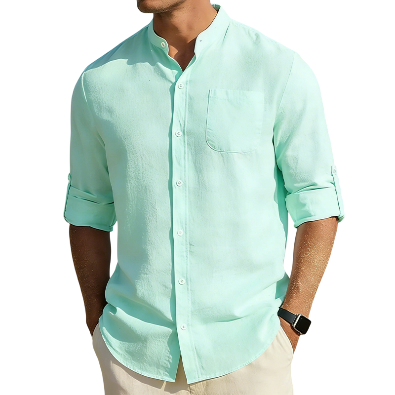 Men’s Cotton Linen Band Collar Shirt
