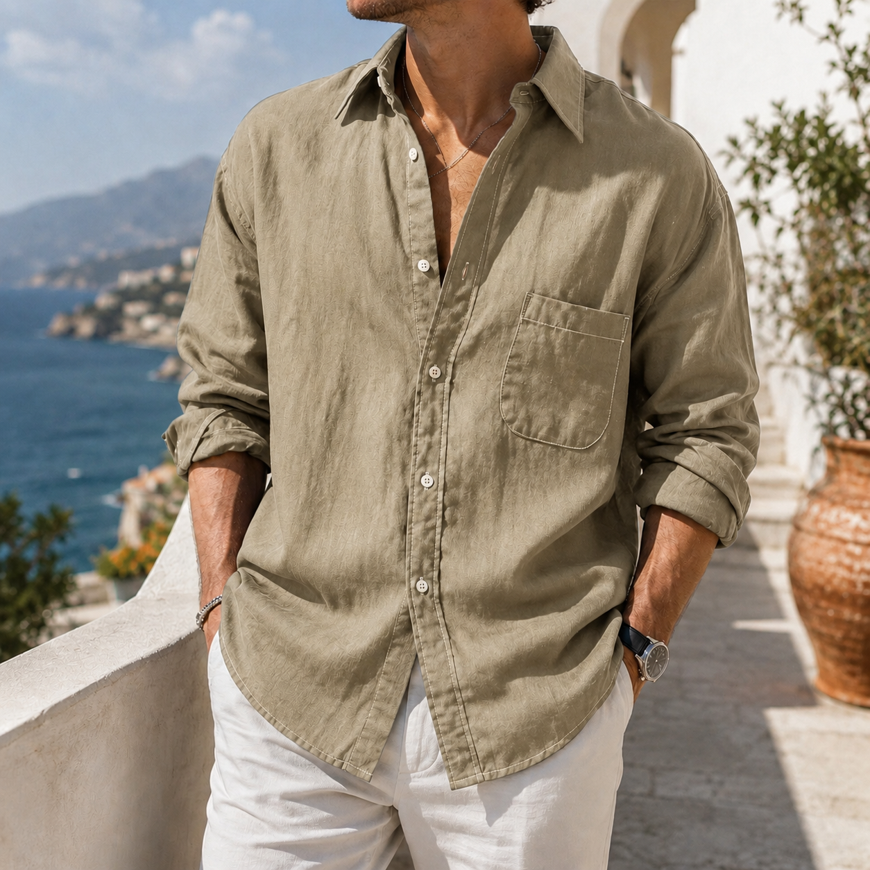 Mivanity Daily Cotton-linen Urban Casual Long-sleeve Shirt with Chest Pocket