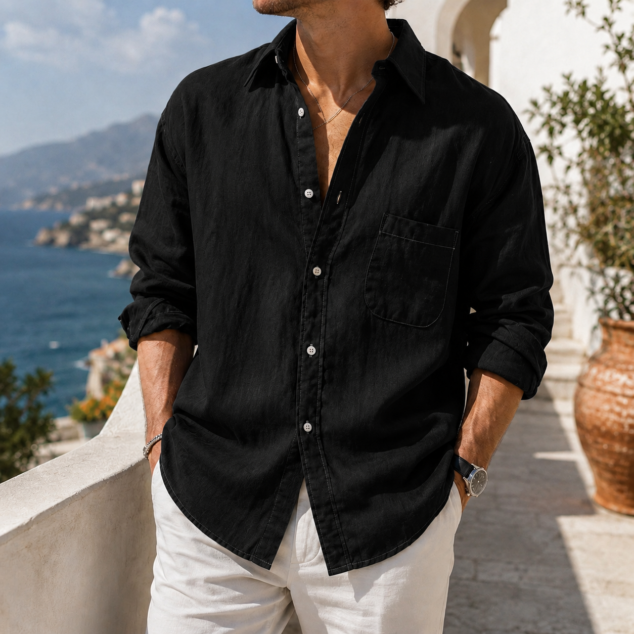 Mivanity Daily Cotton-linen Urban Casual Long-sleeve Shirt with Chest Pocket