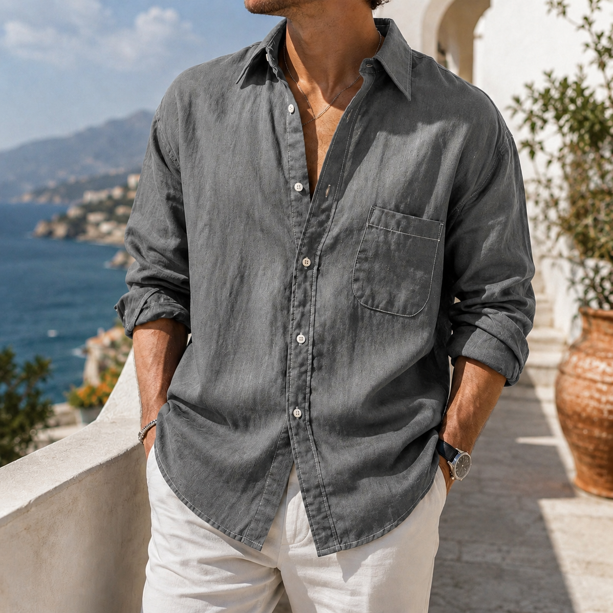 Mivanity Daily Cotton-linen Urban Casual Long-sleeve Shirt with Chest Pocket