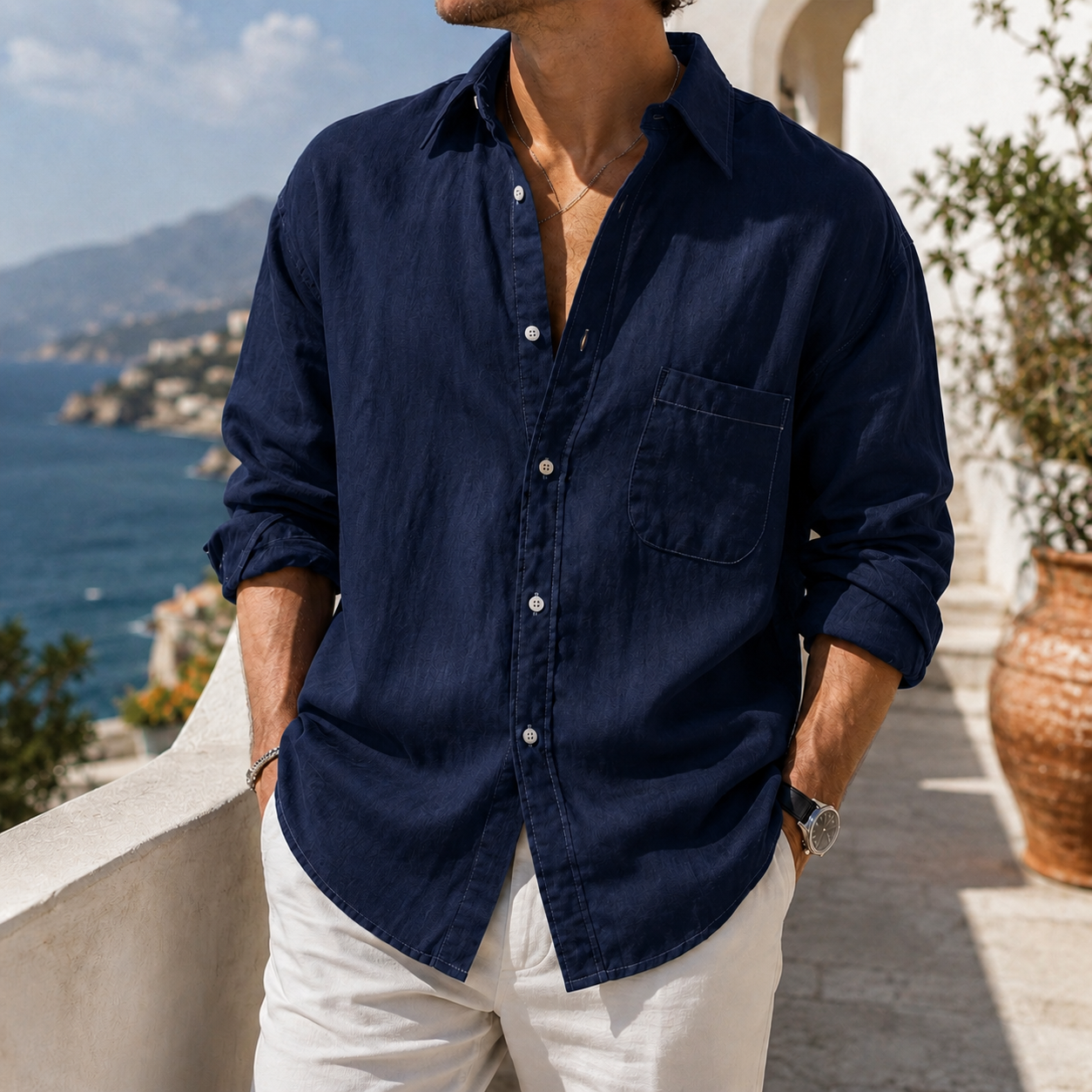 Mivanity Daily Cotton-linen Urban Casual Long-sleeve Shirt with Chest Pocket