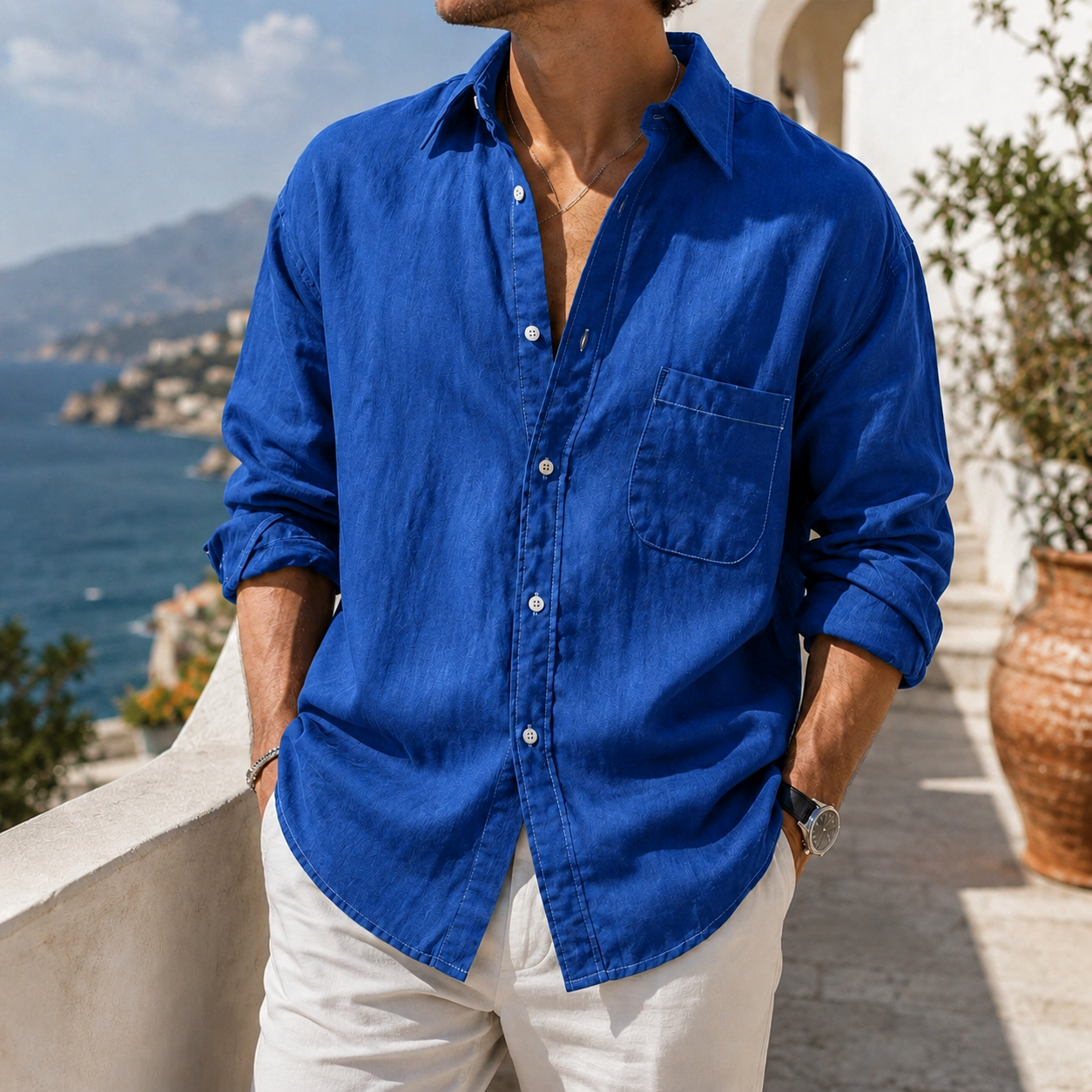 Mivanity Daily Cotton-linen Urban Casual Long-sleeve Shirt with Chest Pocket
