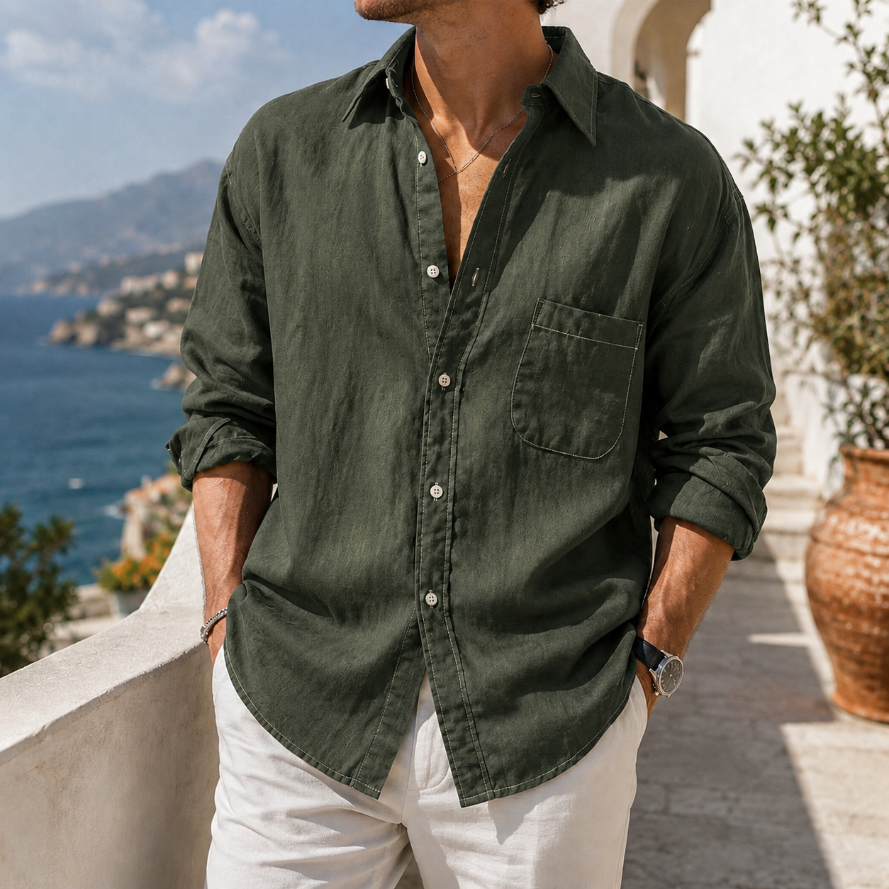 Mivanity Daily Cotton-linen Urban Casual Long-sleeve Shirt with Chest Pocket