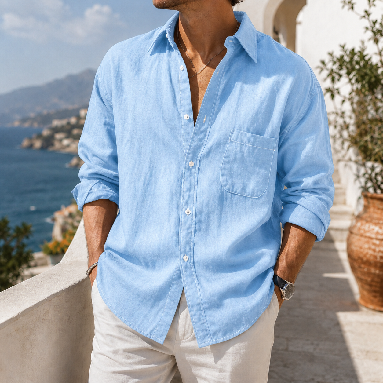 Mivanity Daily Cotton-linen Urban Casual Long-sleeve Shirt with Chest Pocket