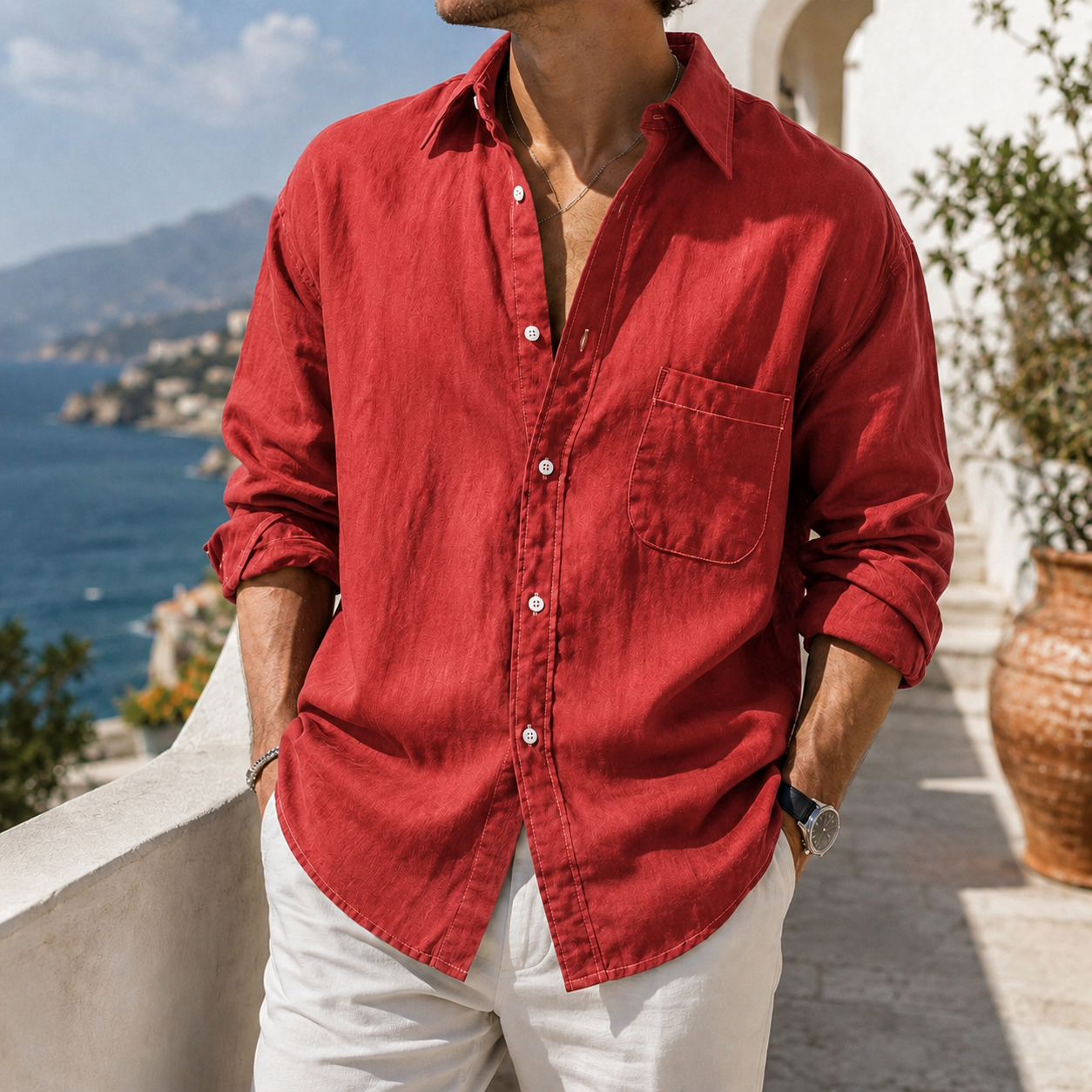 Mivanity Daily Cotton-linen Urban Casual Long-sleeve Shirt with Chest Pocket