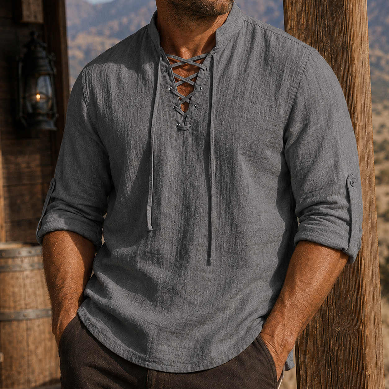 Mivanity Men's Vintage Lace-Up Linen Shirt Rugged Casual Long Sleeve Top
