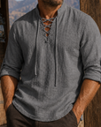 Mivanity Men's Vintage Lace-Up Linen Shirt Rugged Casual Long Sleeve Top