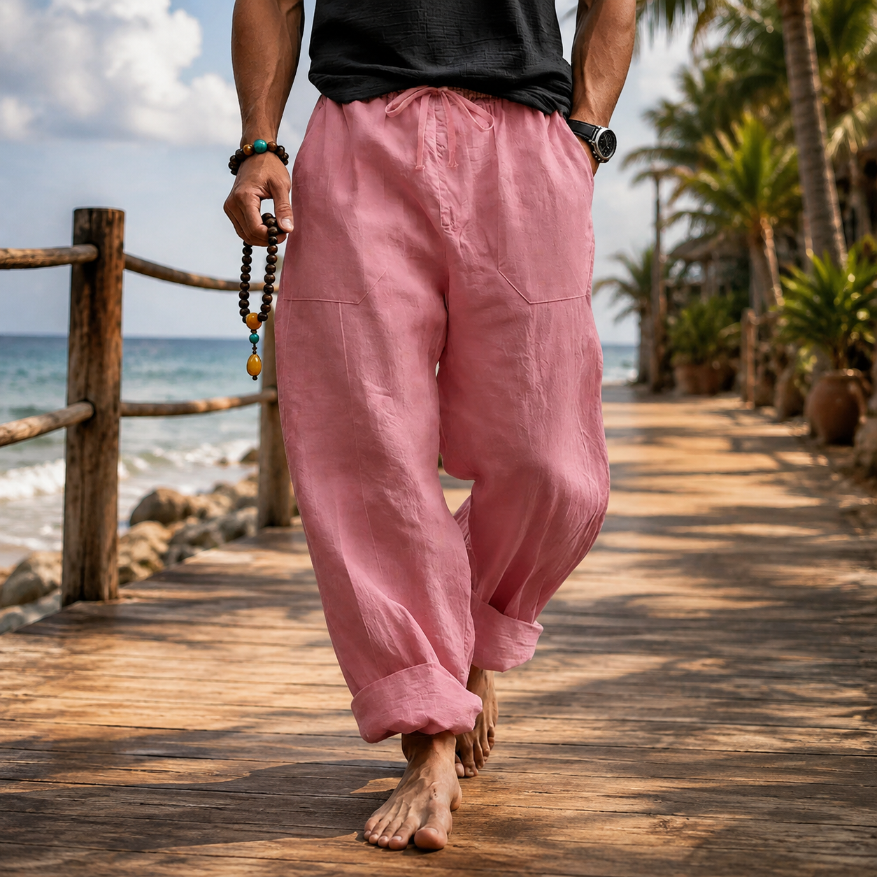 Men’s Linen Blend Loose Fit Pants  Breathable Summer Beach Trousers
