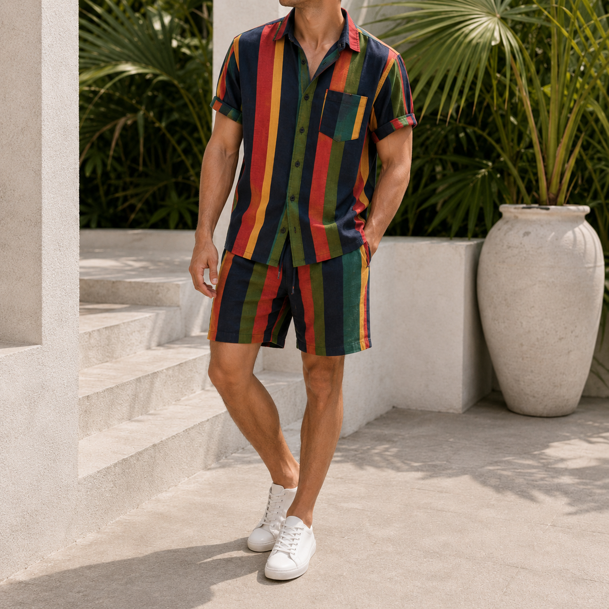 Hawaiian Striped Short-Sleeve Shorts 2-Piece Sets
