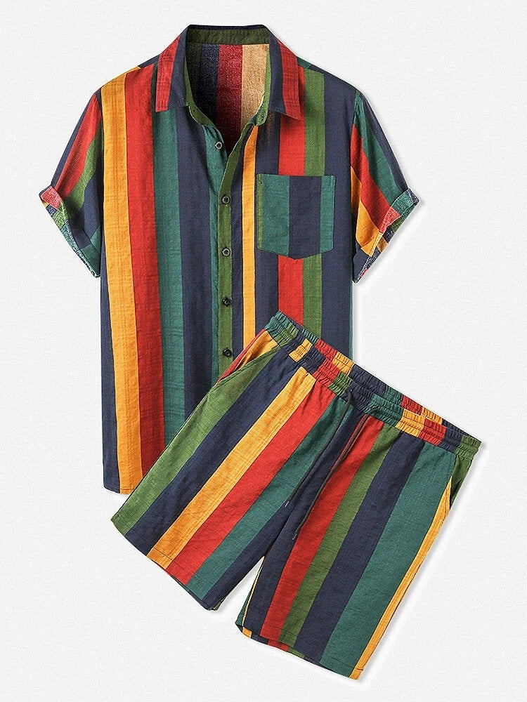 Hawaiian Striped Short-Sleeve Shorts 2-Piece Sets