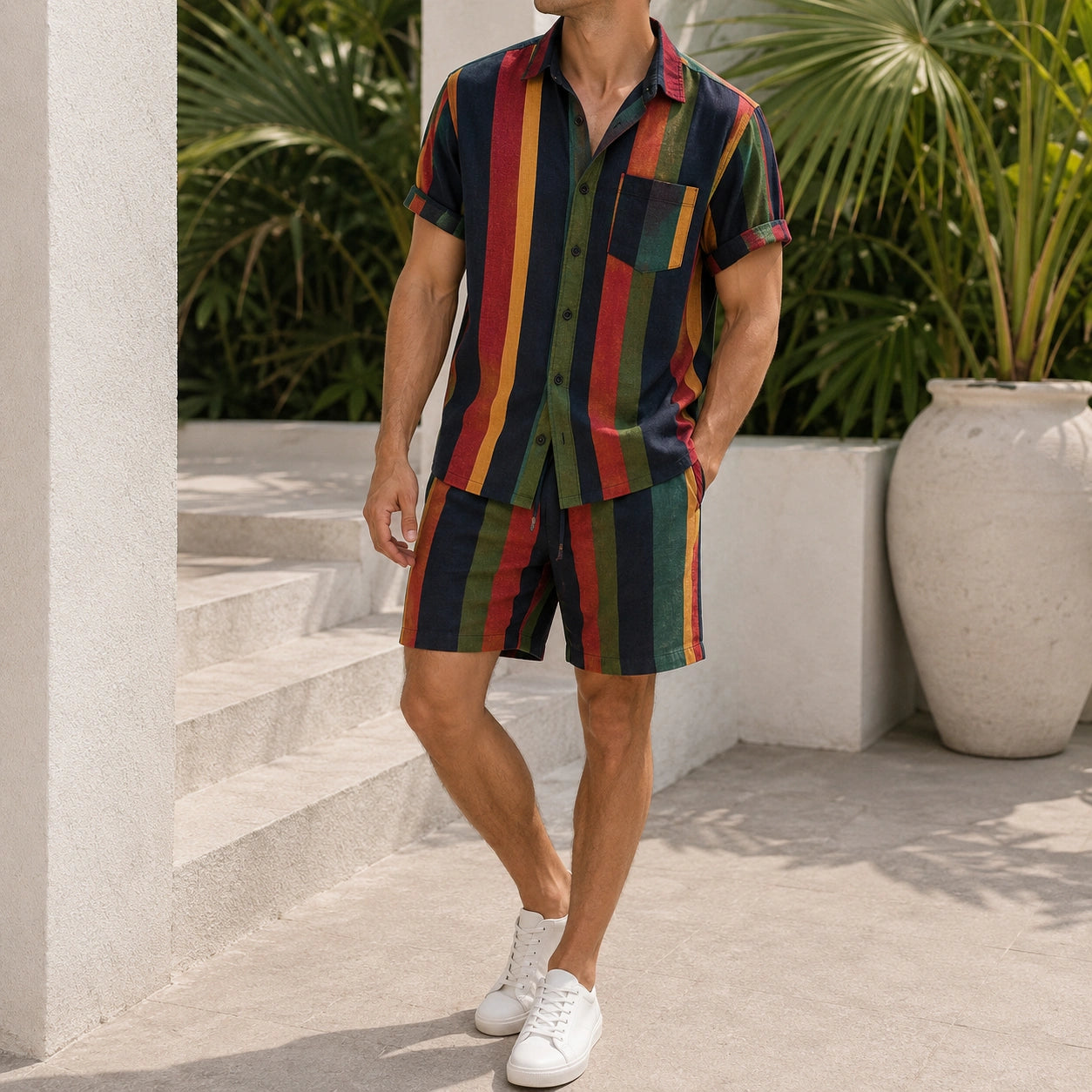 Hawaiian Striped Short-Sleeve Shorts 2-Piece Sets