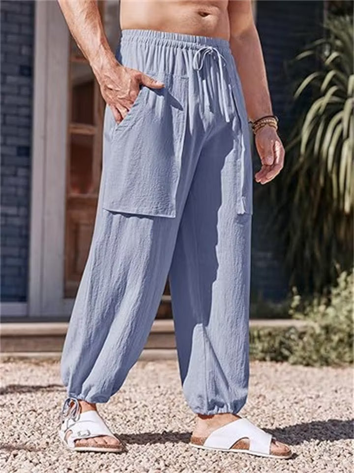 Mivanity Large Size Casual Pants Cotton Linen Loose Drawstring Drawstring Feet Solid Color Pants