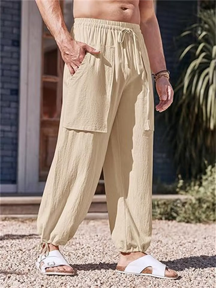 Mivanity Large Size Casual Pants Cotton Linen Loose Drawstring Drawstring Feet Solid Color Pants