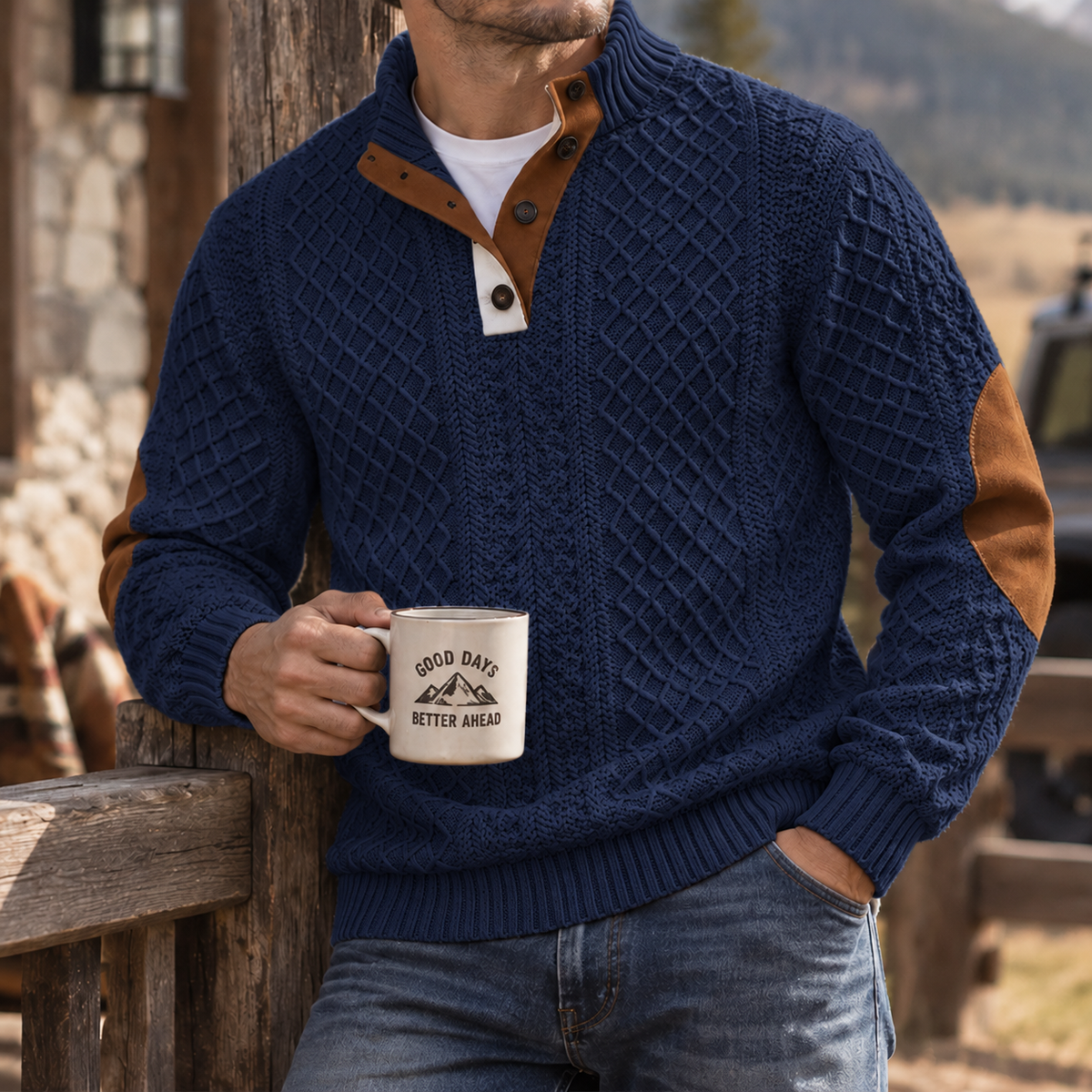 MIVANITY Highland Heritage Knit Henley Sweater Rugged Outdoor Style With Timeless Comfort