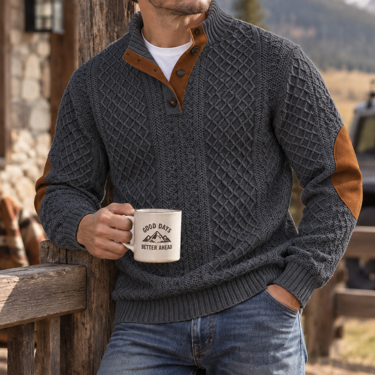 MIVANITY Highland Heritage Knit Henley Sweater Rugged Outdoor Style With Timeless Comfort