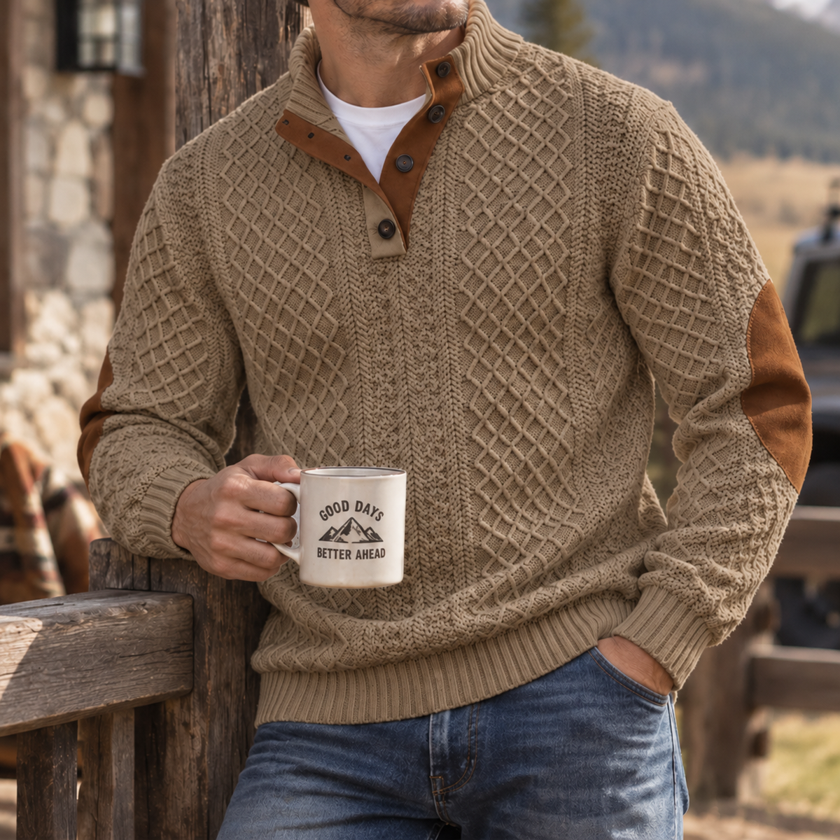 MIVANITY Highland Heritage Knit Henley Sweater Rugged Outdoor Style With Timeless Comfort