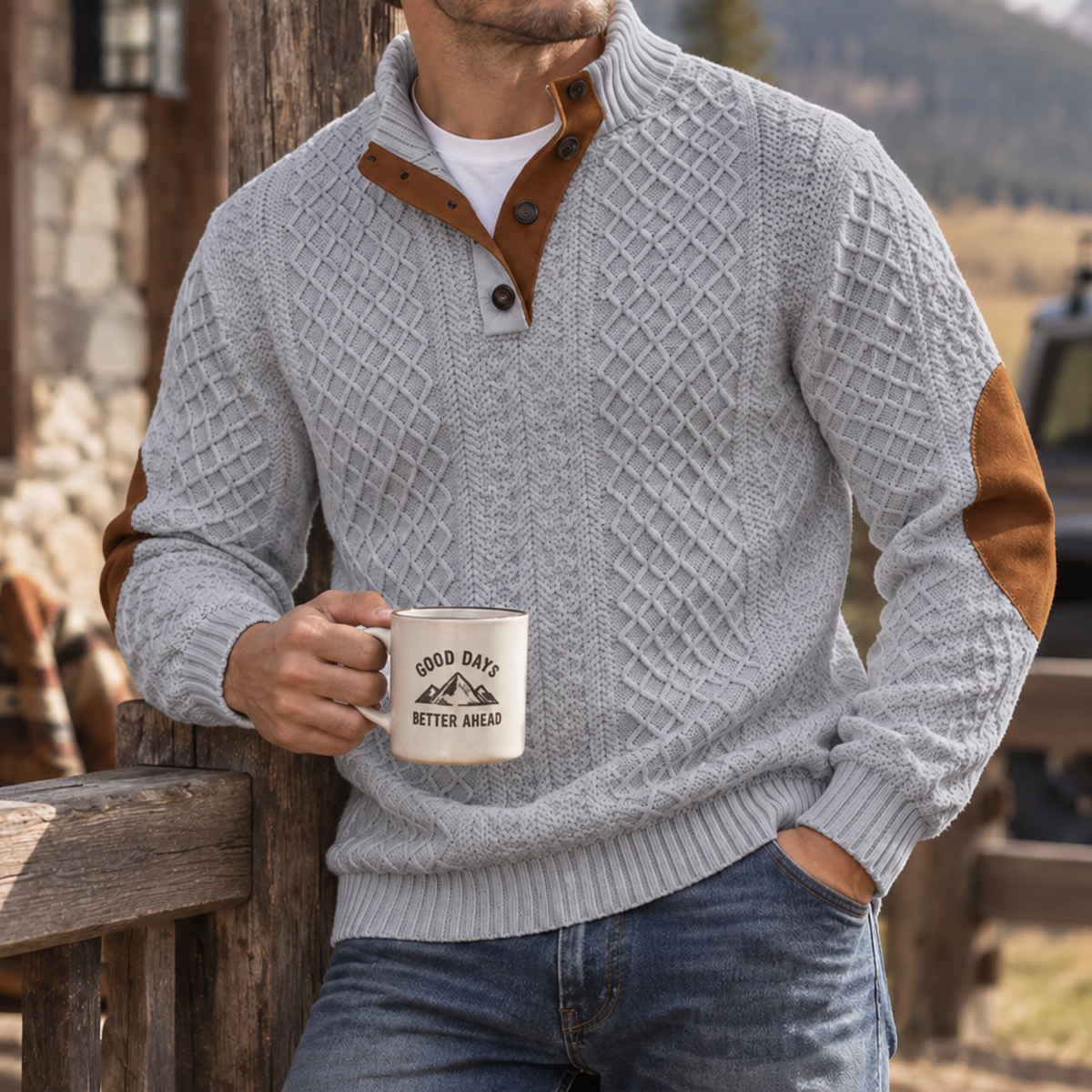 MIVANITY Highland Heritage Knit Henley Sweater Rugged Outdoor Style With Timeless Comfort