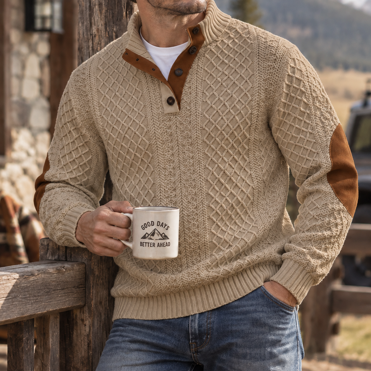 MIVANITY Highland Heritage Knit Henley Sweater Rugged Outdoor Style With Timeless Comfort