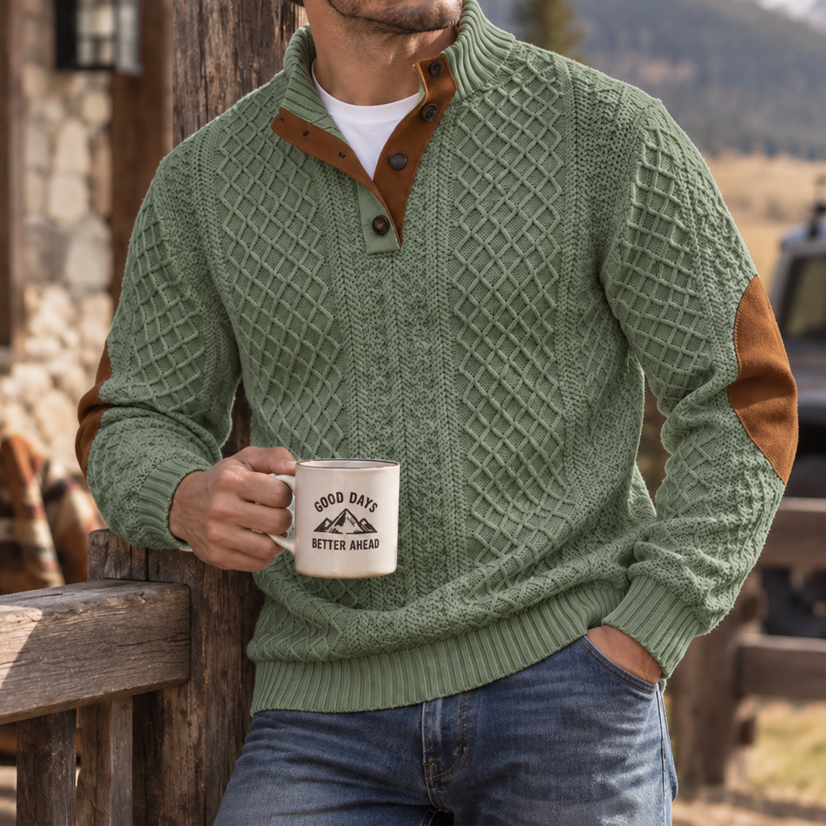MIVANITY Highland Heritage Knit Henley Sweater Rugged Outdoor Style With Timeless Comfort