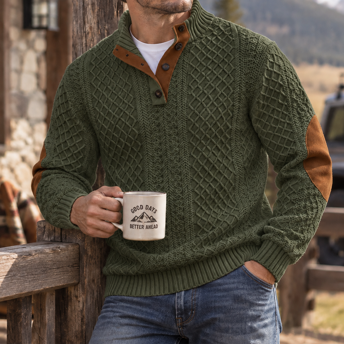 MIVANITY Highland Heritage Knit Henley Sweater Rugged Outdoor Style With Timeless Comfort