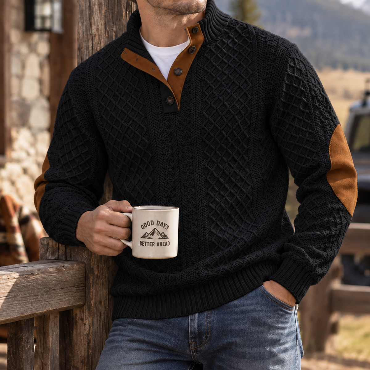 MIVANITY Highland Heritage Knit Henley Sweater Rugged Outdoor Style With Timeless Comfort