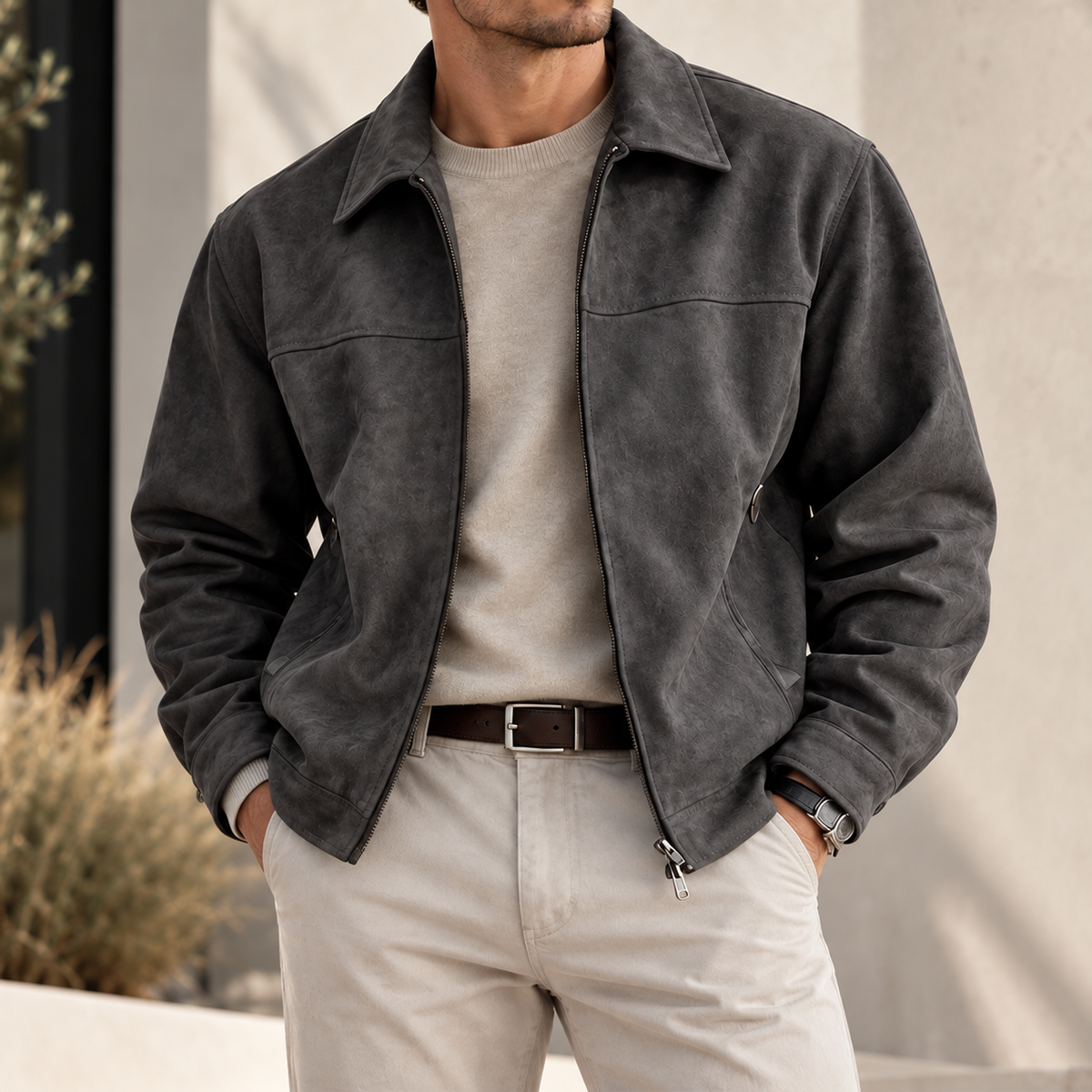 MIVANITY Men's Alder Faux Suede Zip-Up Jacket
