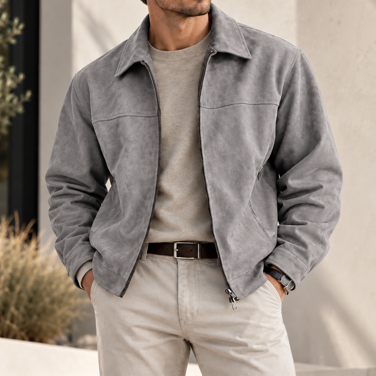 MIVANITY Men's Alder Faux Suede Zip-Up Jacket