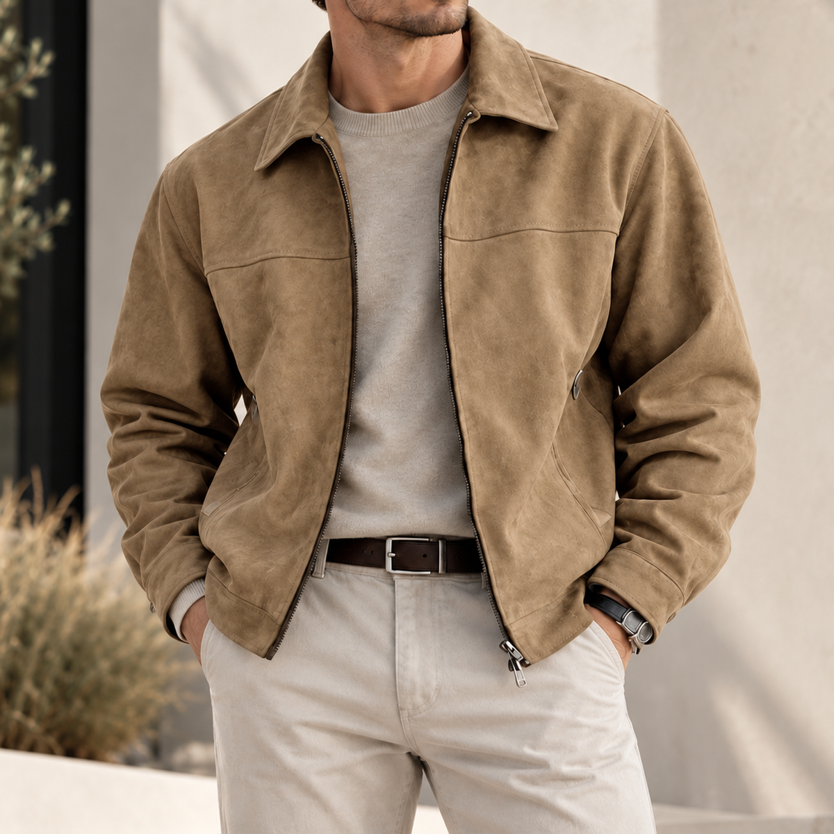 MIVANITY Men's Alder Faux Suede Zip-Up Jacket