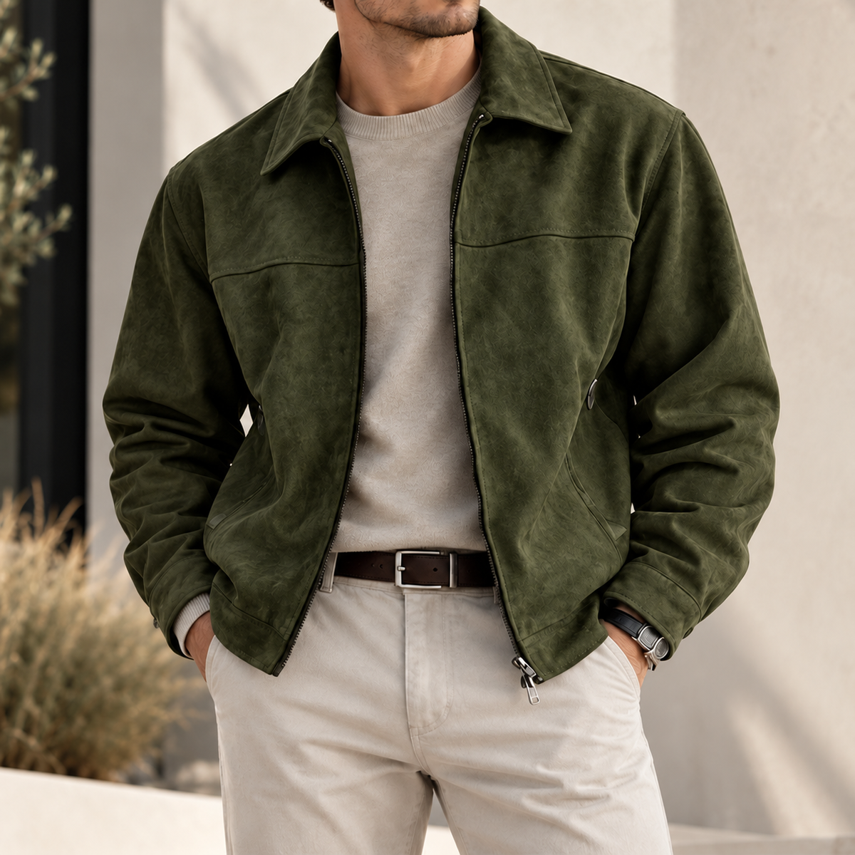 MIVANITY Men's Alder Faux Suede Zip-Up Jacket