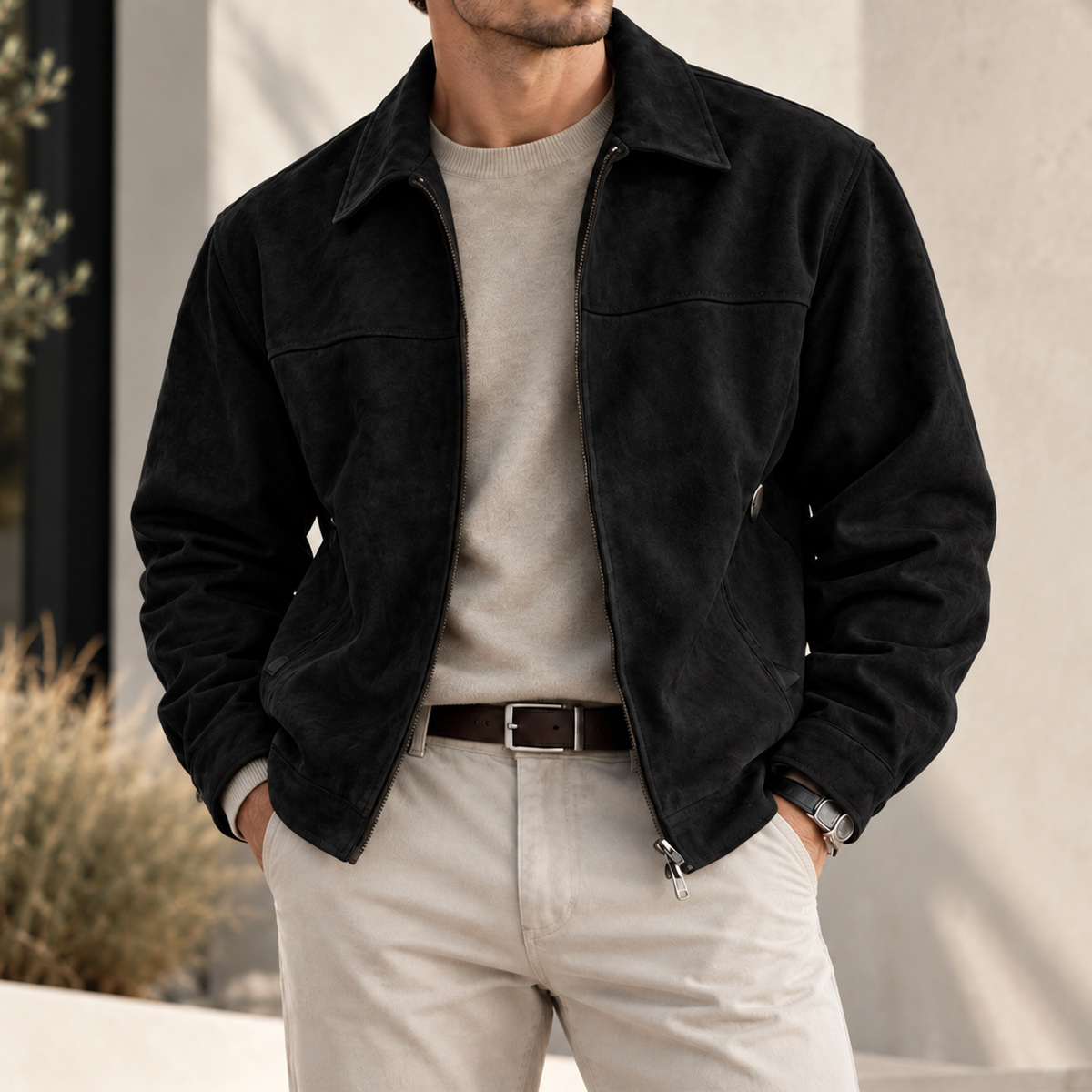 MIVANITY Men's Alder Faux Suede Zip-Up Jacket