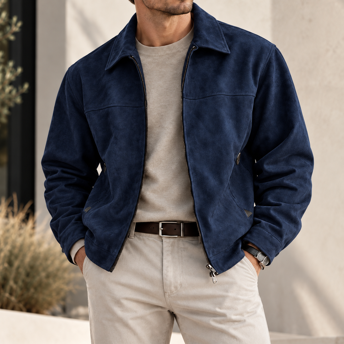 MIVANITY Men's Alder Faux Suede Zip-Up Jacket