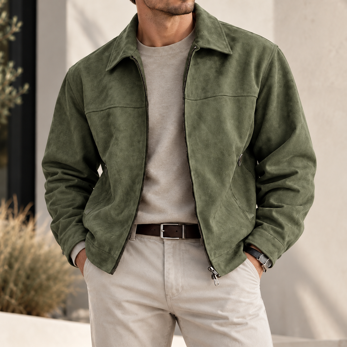 MIVANITY Men's Alder Faux Suede Zip-Up Jacket