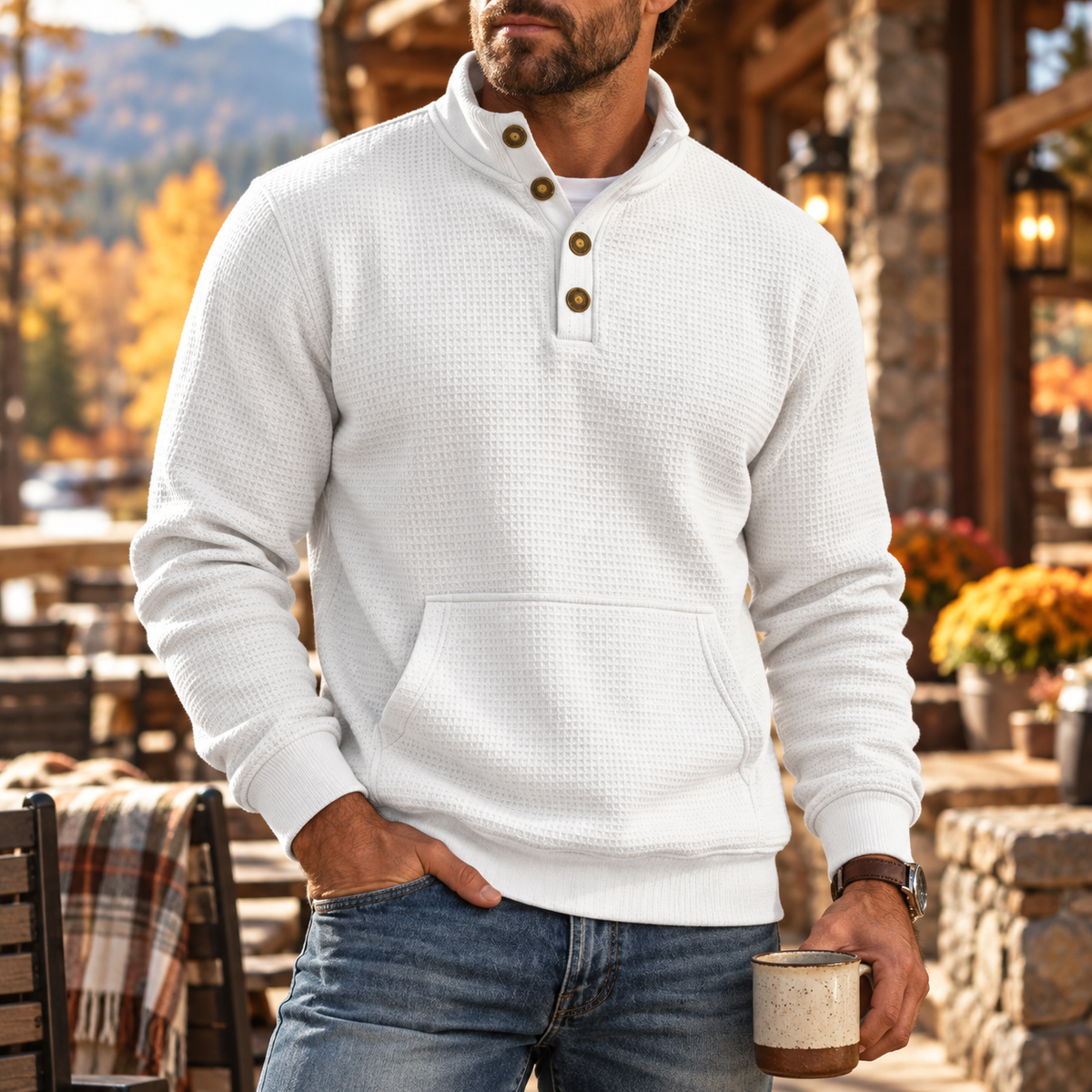MIVANITY Men's Ridgewood Waffle Knit Henley Hoodie Long Sleeve Shirt