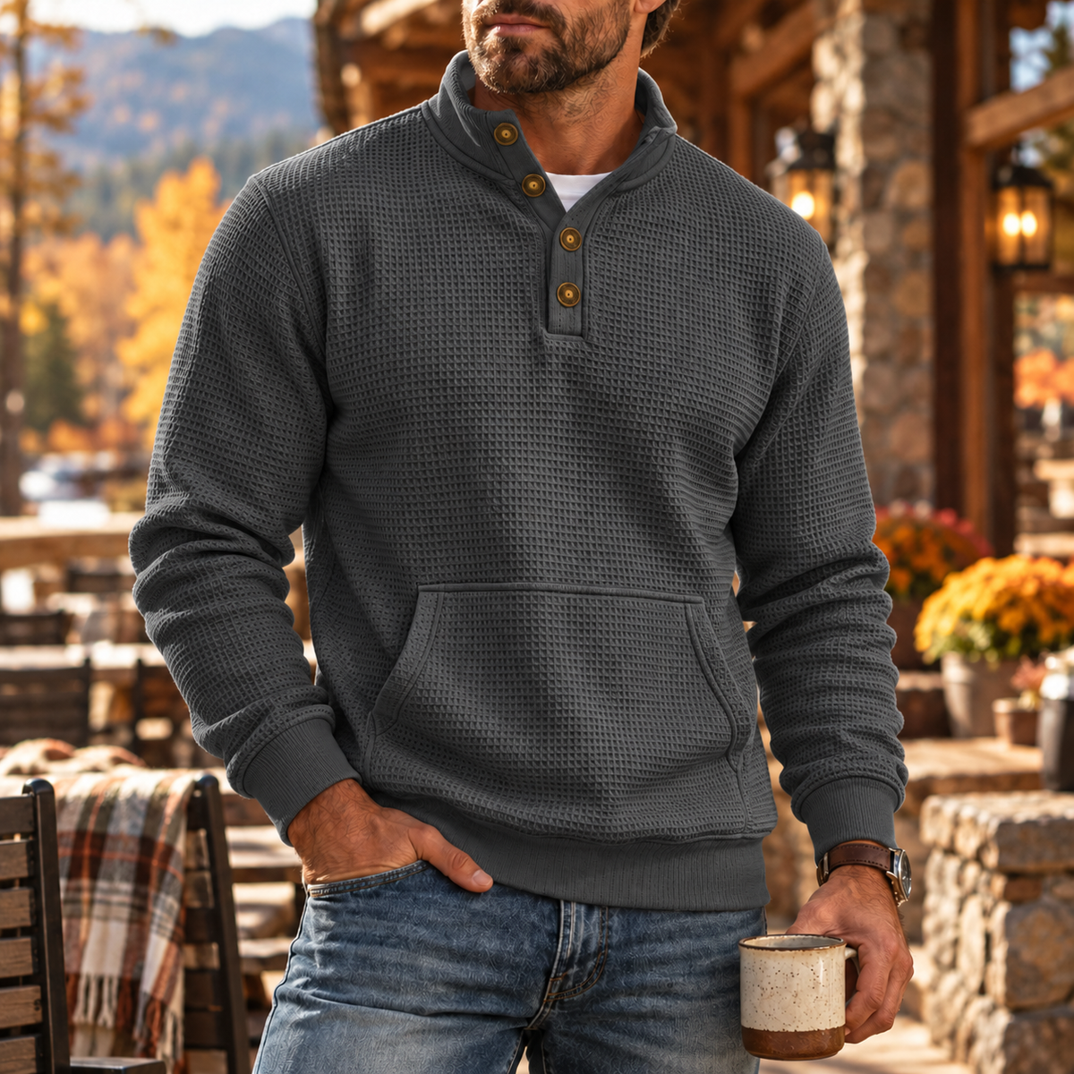 MIVANITY Men's Ridgewood Waffle Knit Henley Hoodie Long Sleeve Shirt