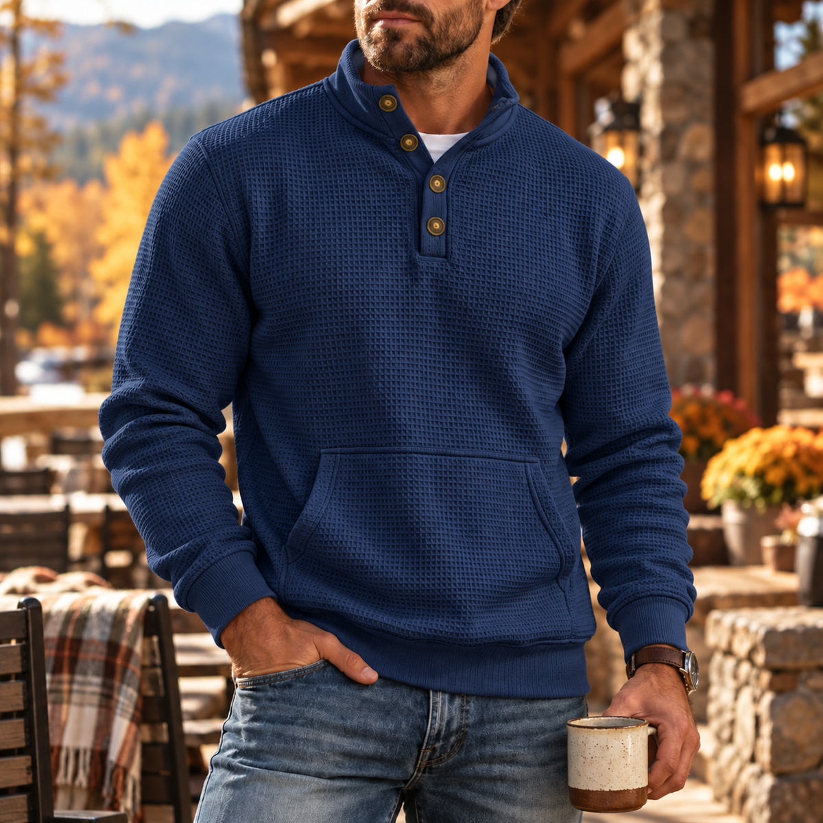 MIVANITY Men's Ridgewood Waffle Knit Henley Hoodie Long Sleeve Shirt