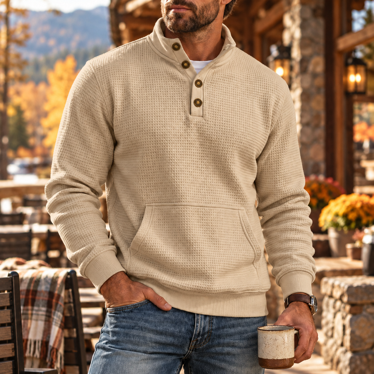 MIVANITY Men's Ridgewood Waffle Knit Henley Hoodie Long Sleeve Shirt