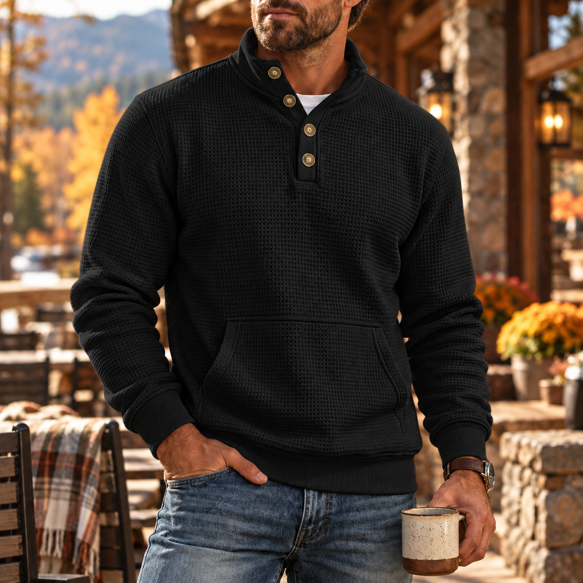 MIVANITY Men's Ridgewood Waffle Knit Henley Hoodie Long Sleeve Shirt