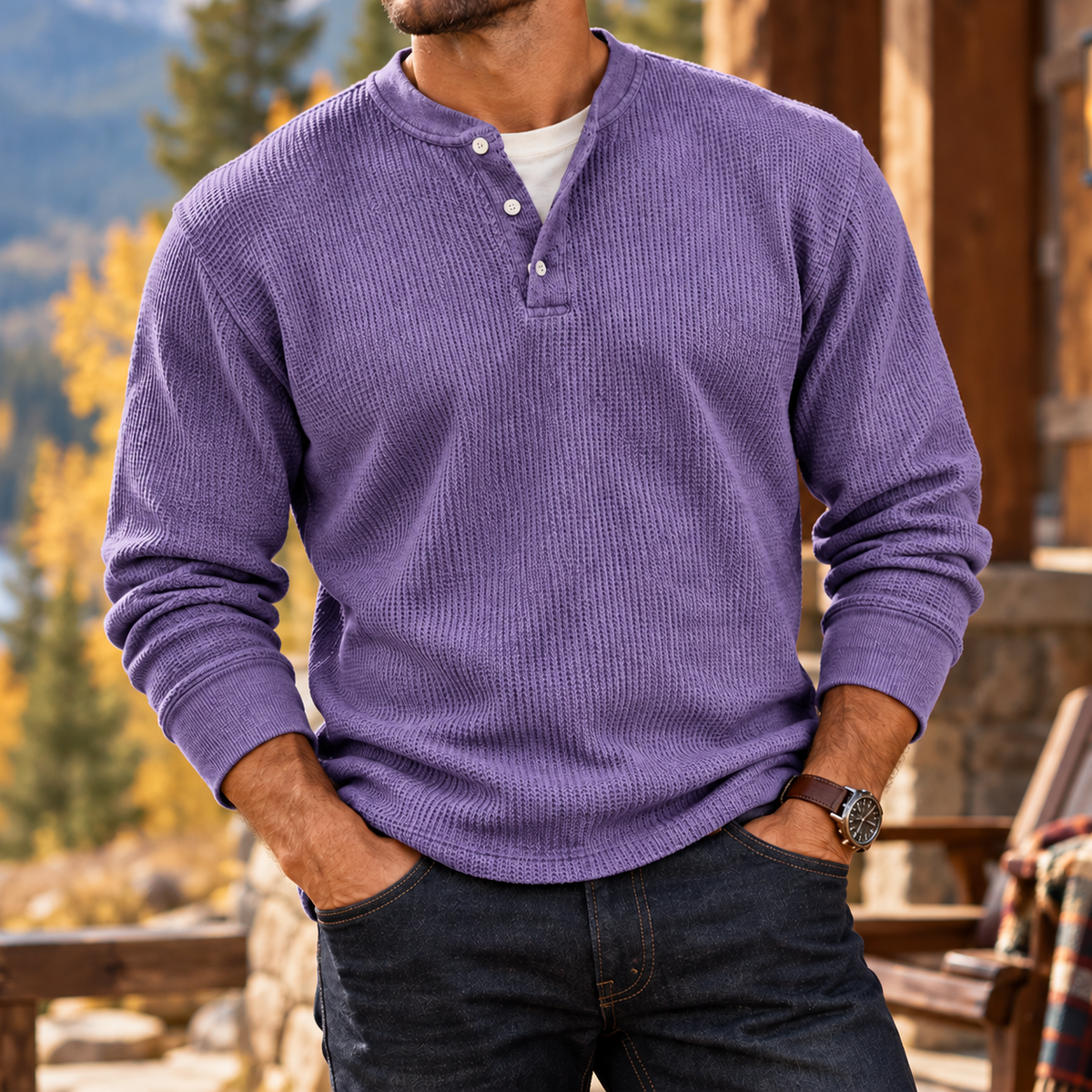 MIVANITY Men's Ridgewood Waffle Knit Henley Shirt