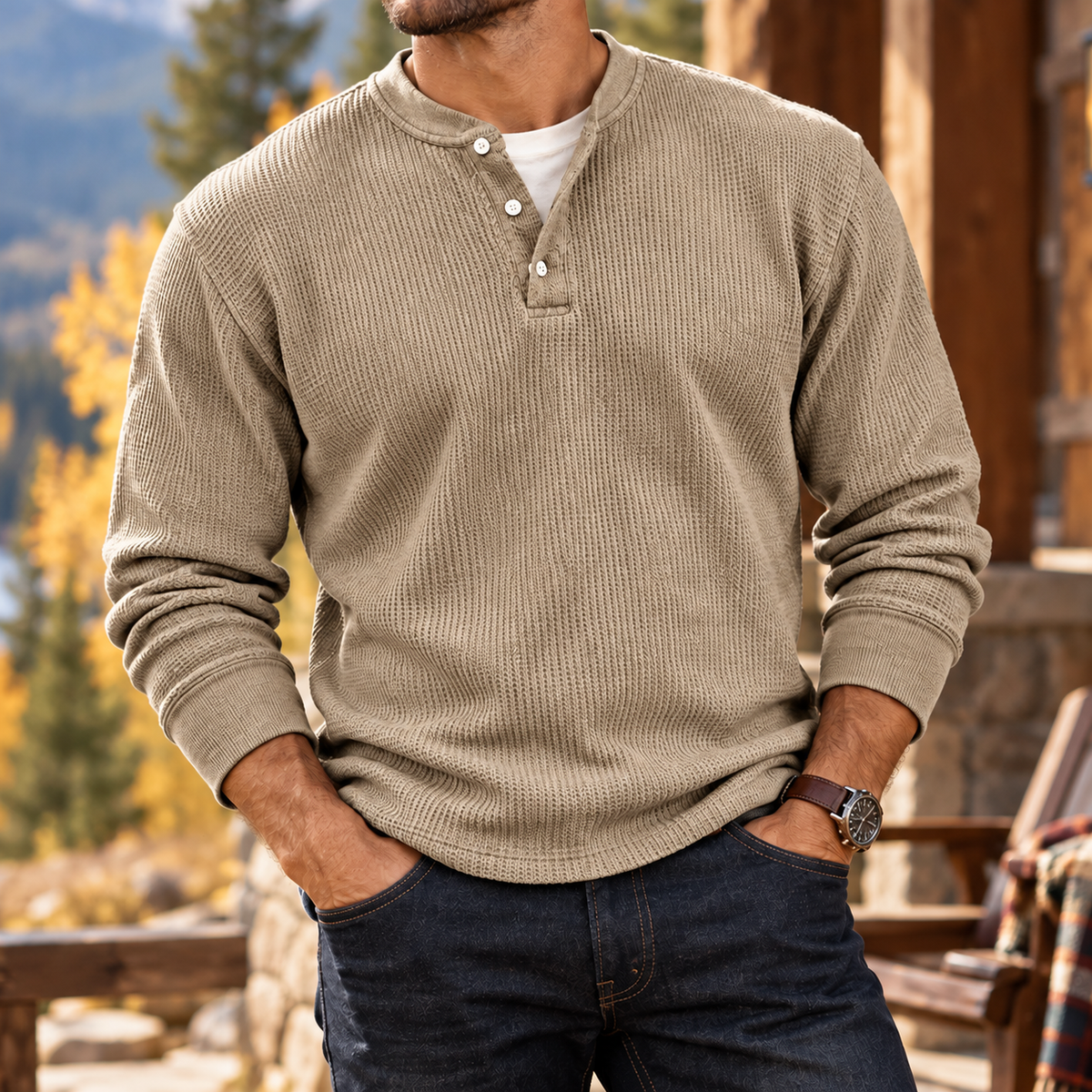 MIVANITY Men's Ridgewood Waffle Knit Henley Shirt